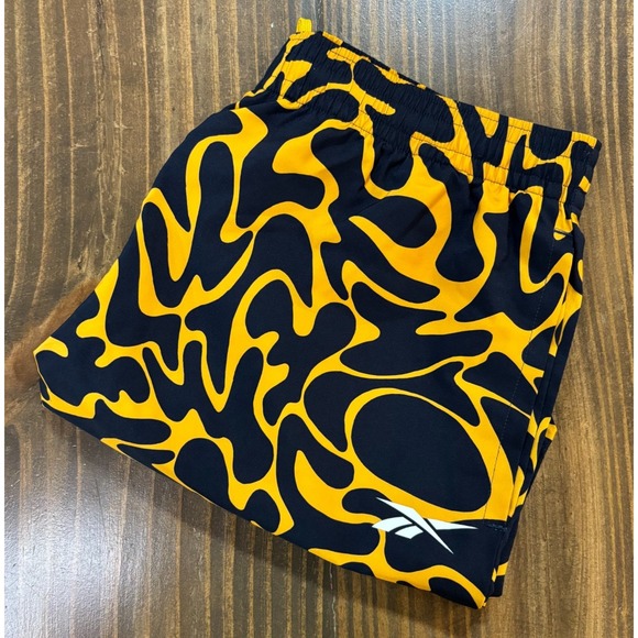 REEBOK Workout Shorts Unisex Medium Navy Yellow Abstract Drawstring Polyester